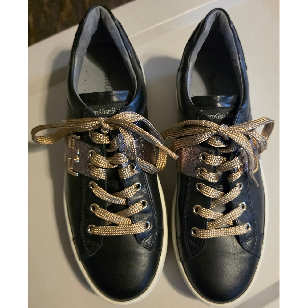 NeroGiardini Black Leather Metallic Buckle Platform Sneakers Made in Italy 38/8